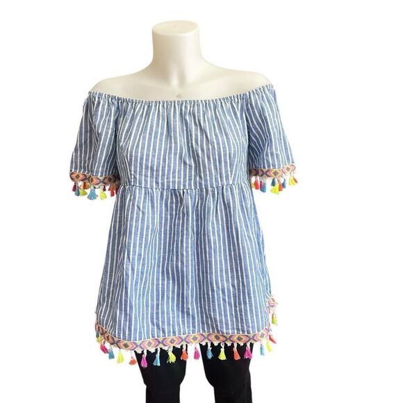 Entro Womens Blue White Striped Off Shoulder Tassel Preppy Hip Blouse Medium - Picture 1 of 9